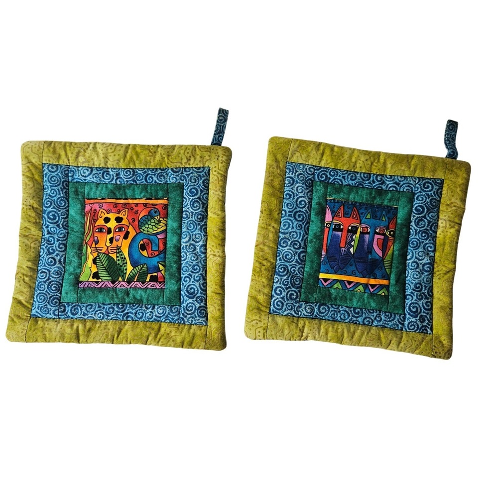 Laurel Burch Fabric Handmade Quilted Pot Holders Set of 2 Cats Jungle Whimsical